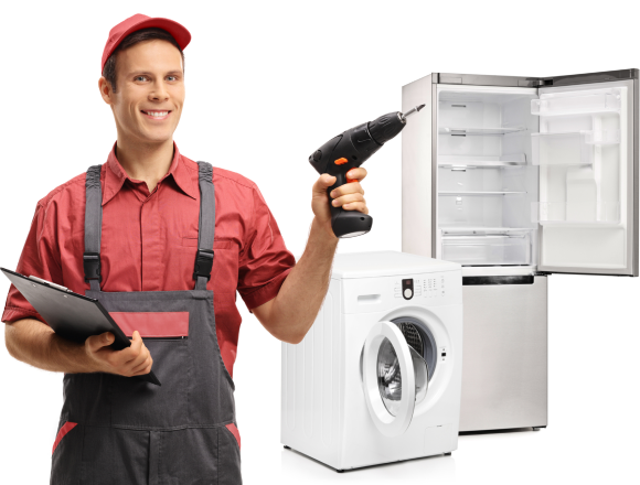 Happy repairman and tech